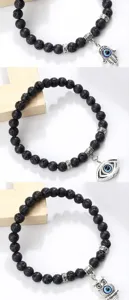 Bracelet de perles en pierre de lave noire avec pendentif œil maléfique main de hamsa