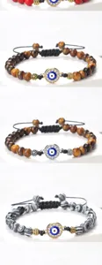 Bracelet de perles mauvais œil corde tissée réglable pierre œil de tigre bijoux femme