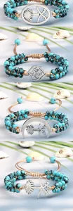 Bracelet tressé de perles turquoise avec pendentifs en alliage bijoux faits à la main