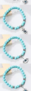 Bracelet en perles de turquoise avec pendentif œil maléfique hibou bijoux yoga