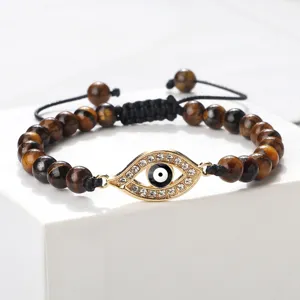 Bracelet Tressé Fait Main Mauvais Oeil Micro Incrusté de Perles en Pierre Naturelle Bijoux de Main Réglables Unisexe Cadeau de Mode