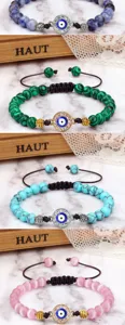 Bracelet de perles mauvais œil avec breloque en pierre colorée et cordon tressé fin.