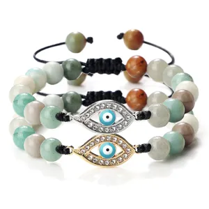 Bracelet en Perles Mauvais Oeil Pour Hommes Femmes Bracelet en Corde Tressée Réglable Avec Pendentif Ovale en Strass Bijoux en Pierre Cadeau