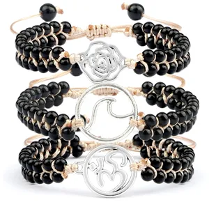 Bracelet Double Couche Tressé Fait Main Avec Perle Artificielle Pendentif Style Bohème Géométrique Réglable Bijoux Pour Femmes Hommes