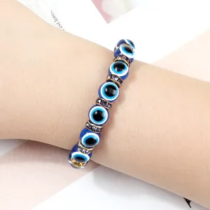Blauwe boze oog kraal stretch kristal armband met strass afstandhouders mode sieraden
