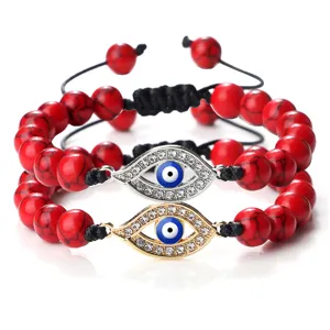 Bracelet Perlé Bohème Mauvais Œil pour Femmes Vintage Alliage Strass Incrusté Bracelet Chaîne en Corde Tissée Réglable Bijoux Cadeau