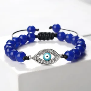 Bracelet de Perles Bleues Œil Maléfique avec Pendentif Strass Micro Pavé Réglable