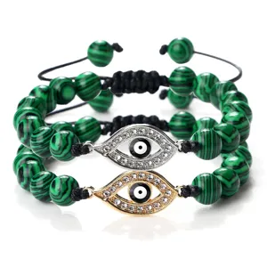 Ensemble de bracelets tressés mauvais œil avec perles vertes et pendentif cristal pour adultes