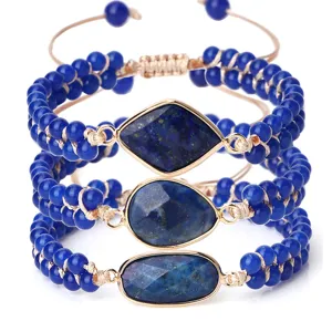 Ensemble de bracelets de perles en pierre précieuse bleue réglable avec des pierres ovales.