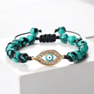 Bracelet Perles Oeil Maléfique Turquoise Strass Corde Tressée Réglable Bijoux Homme Femme