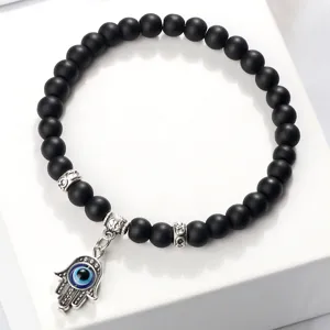 Bracelet de perles mates noires avec pendentif œil diabolique hamsa pour bijoux tendance
