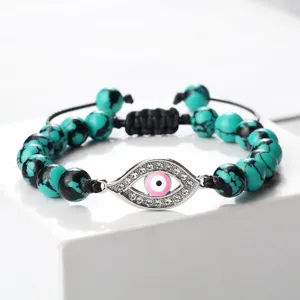 Turquoise βραχιόλι με χάντρες και ροζ ματάκι στρασάτο για γυναικεία καθημερινή χρήση.