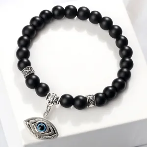 Bracelet perles noires mates avec pendentif mauvais oeil charme yoga bijou de mode quotidien