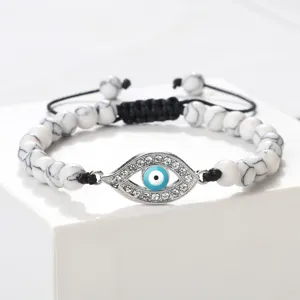 Bracelet Perles Pierre Blanche Mauvais Œil Strass Émail Amulette Nazar Turque Corde Ajustable