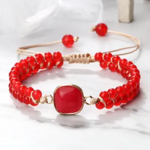Bracelet tressé réglable à double rang de perles de pierres rouges mode et tendance bijou