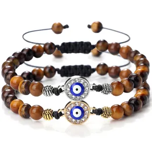 Bracelet Tressé Mauvais Œil Strass Goutte d'Eau Œil Bleu Chanceux Bracelet de Perles Corde à Main Ajustable Bijoux Bohèmes pour Hommes Femmes
