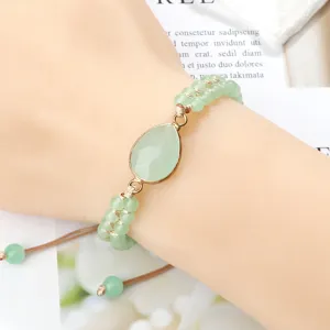 Bracelet tresse reglable en perles de pierre en forme de goutte verte pour femme mode
