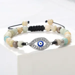 Bracelet de perles œil de mahomet bohème avec pierre naturelle et cordon tissé réglable.