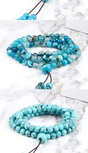Bracelet mala en agate bleue 108 perles multicouche bijoux de meditation pour femmes