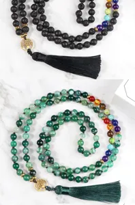 Multi-layer lava stone green agate chakra beads tree of life tassel bracelet jewelry