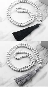 Largo collar de cuentas blancas con borla cadena jersey boho accesorios de joyería