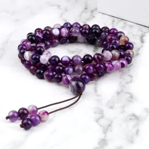 Bracelet mala perles agate violette 108 pierres naturelles cristal bijoux meditation femme.