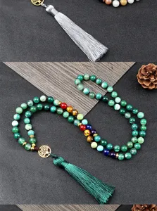 Collana di perle in agata naturale da 8mm con nappa elegante e ciondolo albero della vita.