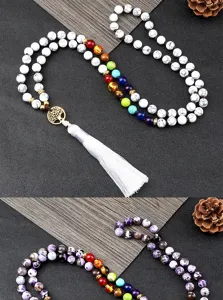 Collana con perle mala chakra in pietra naturale con ciondolo albero della vita e nappa.