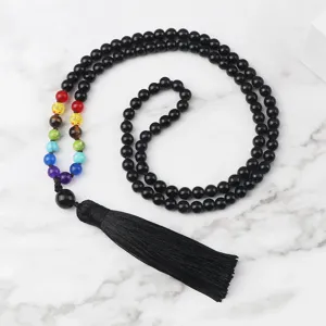 Collier long style bohème 108 perles noires chakra pierres précieuses pour femmes