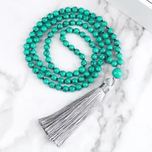 Collar de cuentas turquesas con borla gris, cuentas de oración mala largas para meditación.