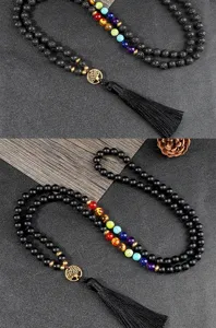 Fashion multi-layer lava stone bead chakra necklace with tree of life pendant and tassel.