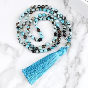 Elegante collar de cuentas de jaspe azul con borla pulsera multicapa de moda para mujer