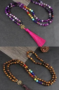 Beaded long necklace detail showing natural stone chakra beads, tree of life pendant and tassel.
