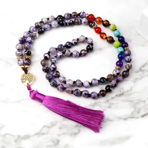 Collana Lunga con Pendente in Pietra Naturale Con Ciondolo Albero della Vita Nappa Materiali Misti Yoga Mala Perline Collana per Unisex