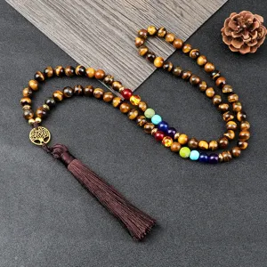Collana di perle in occhio di tigre naturale con perle chakra pendente albero della vita