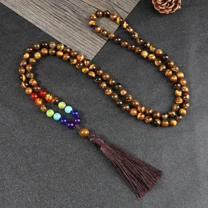 collana multistrato con perline di occhio di tigre naturale e chakra con nappa per unisex.