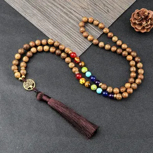 Collana di perle di legno chakra con ciondolo albero della vita e nappa spirituale