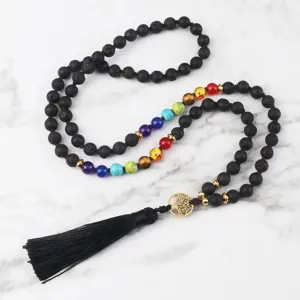 Collana con perle in pietra lavica chakra da 8mm con ciondolo albero della vita e nappa
