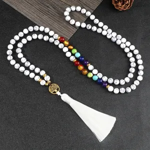 Long chakra beads necklace with gold tree of life pendant and white tassel fashion