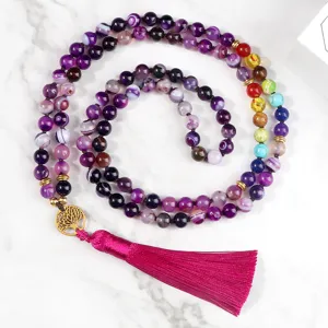 Elegant Purple Agate Chakra Mala Necklace with Tree of Life Pendant and Pink Tassel
