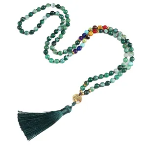Green Agate Chakra Beads Necklace with Tree of Life Pendant and Tassel Main View