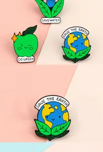 Jolis pins émaillés écologiques avec motifs de terre et de pomme et slogans verts.
