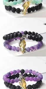 Magnetic holding hands couple bracelet set with natural stone beads, stylish unisex jewelry.