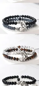 Magnetic heart couple beaded bracelet set, natural stone matching bracelets for daily wear.