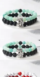 Ensemble de bracelets de perles pour couple en pierre avec charm rose argent, bijou magnétique.