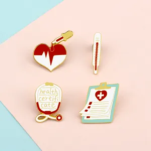 Creative red medical theme enamel brooch set featuring stethoscope thermometer and syringe pins