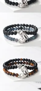 Beaded magnetic couple bracelets set with heart pendant natural stone jewelry gifts