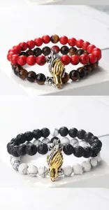 Magnetic couple handshake beaded bracelet set, stylish gold silver clasp jewelry for men women.