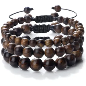 Vintage Handgewebt Holzperlen Armband Verstellbar Gebetsperlen Unisex Ethno Buddha Stil Schmuck