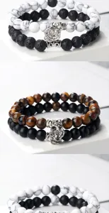 Ensemble de bracelets de perles en pierre magnétique pour couple avec pendentif fleur